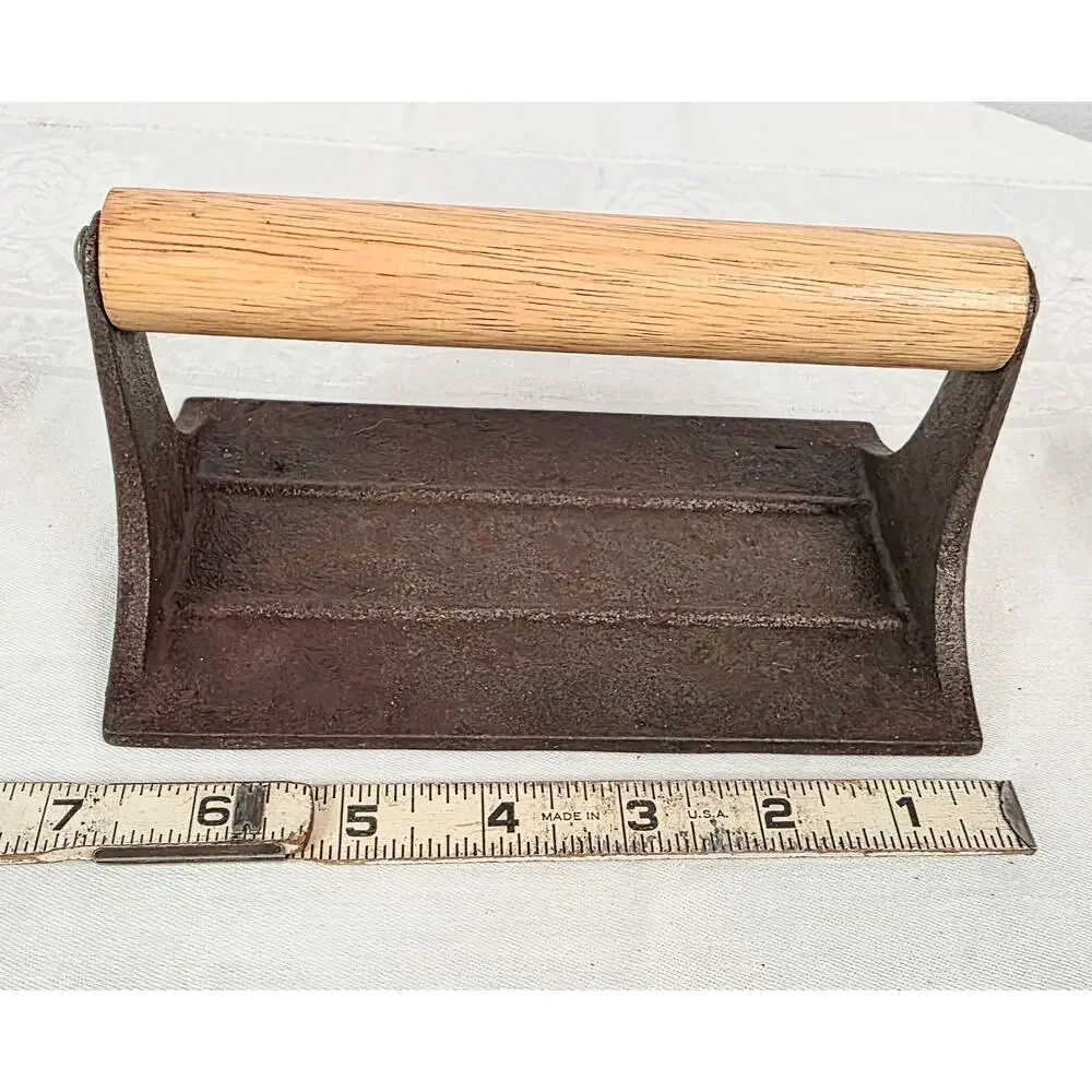 Vintage Cast Iron Bacon Press w/Wood Handle Pig & Flower 3 1/2